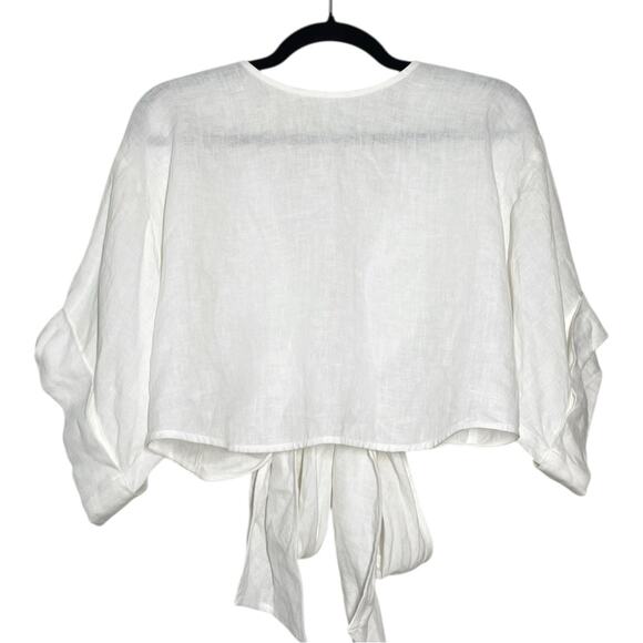 Three Graces White Linen Casual Coastal Neutral Minimalist Tie Up Crop Top - Picture 2 of 9
